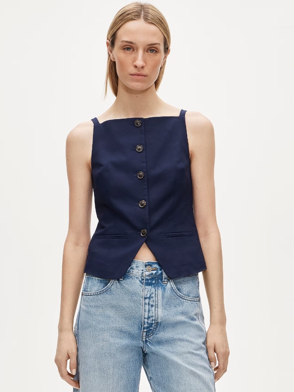 BNWT NEW J.Crew Button-up cutaway tank top shirt Navy Gramercy linen blend Sz 16